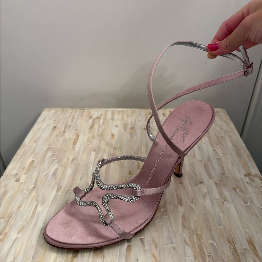 Giuseppe Zanotti Pink Bejeweled Satin Heels with Straps
